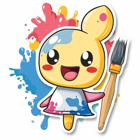 Cute Kawaii Stickers Colorful Paintbrush with Vibrant Paint Splashes on White Background (87)