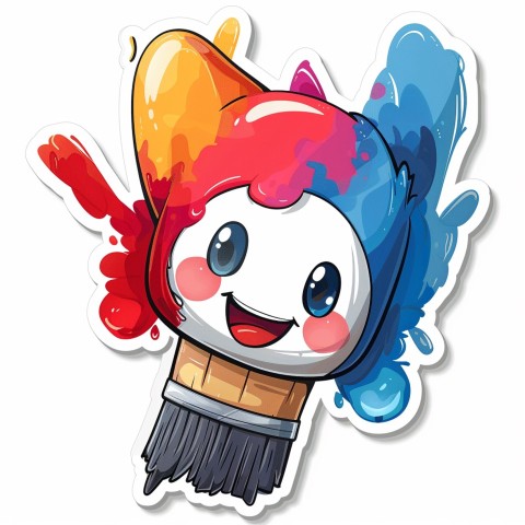 Cute Kawaii Stickers Colorful Paintbrush with Vibrant Paint Splashes on White Background (81)