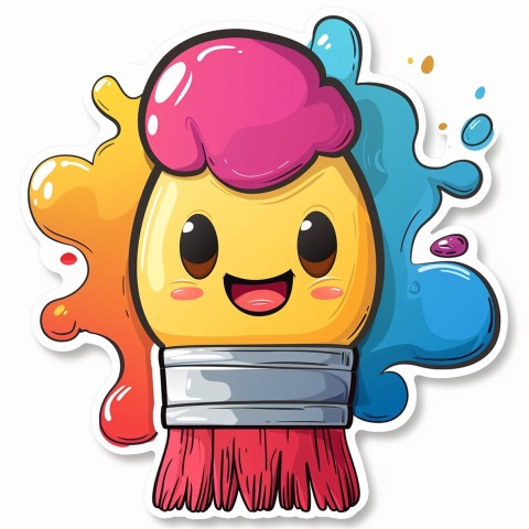 Cute Kawaii Stickers Colorful Paintbrush with Vibrant Paint Splashes on White Background (96)