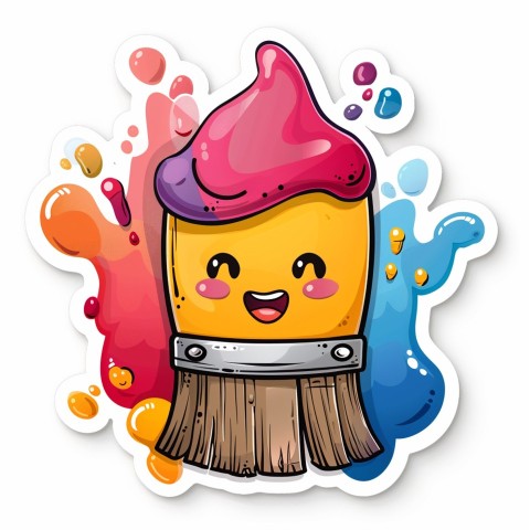 Cute Kawaii Stickers Colorful Paintbrush with Vibrant Paint Splashes on White Background (95)