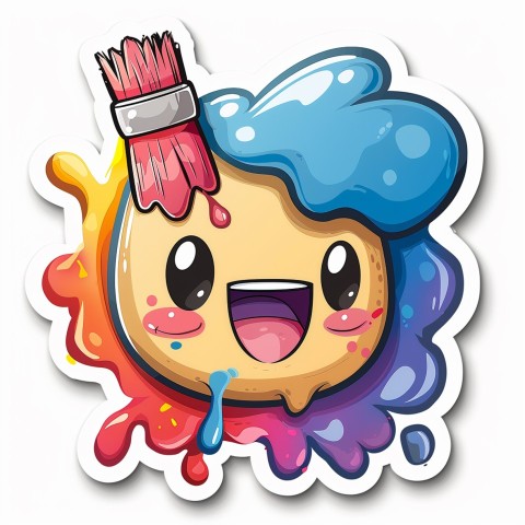 Cute Kawaii Stickers Colorful Paintbrush with Vibrant Paint Splashes on White Background (88)