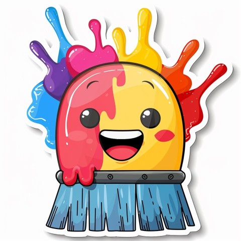 Cute Kawaii Stickers Colorful Paintbrush with Vibrant Paint Splashes on White Background (111)