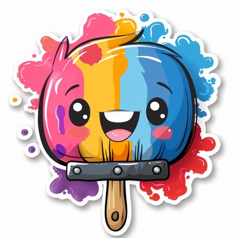 Cute Kawaii Stickers Colorful Paintbrush with Vibrant Paint Splashes on White Background (108)