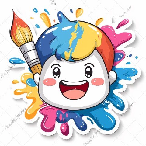 Cute Kawaii Stickers Colorful Paintbrush with Vibrant Paint Splashes on White Background (120)