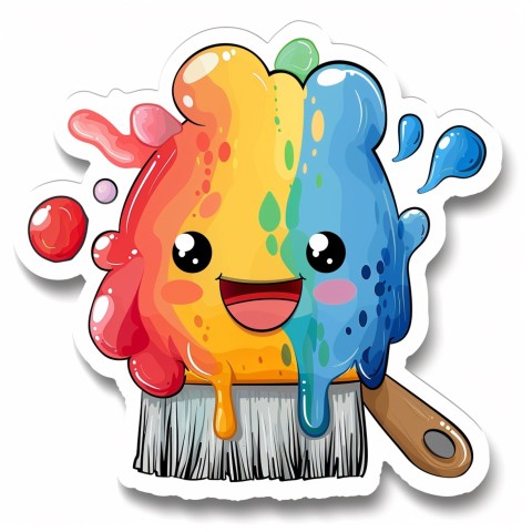 Cute Kawaii Stickers Colorful Paintbrush with Vibrant Paint Splashes on White Background (106)