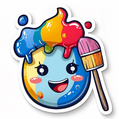 Cute Kawaii Stickers Colorful Paintbrush with Vibrant Paint Splashes on White Background (118)