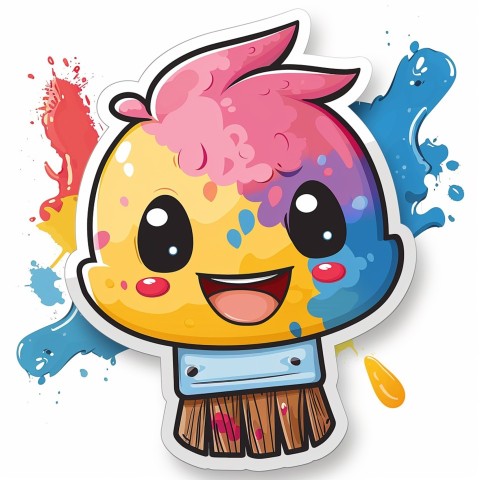 Cute Kawaii Stickers Colorful Paintbrush with Vibrant Paint Splashes on White Background (104)