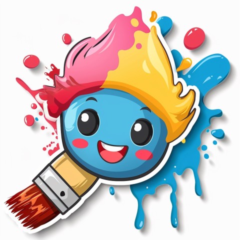 Cute Kawaii Stickers Colorful Paintbrush with Vibrant Paint Splashes on White Background (109)