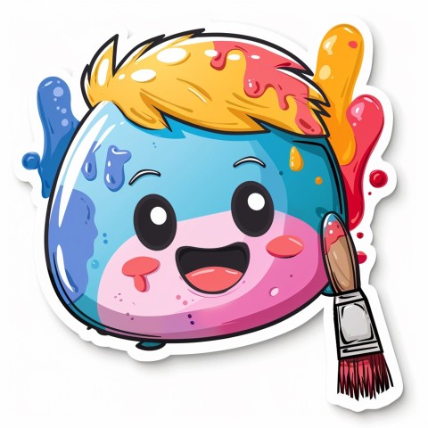 Cute Kawaii Stickers Colorful Paintbrush with Vibrant Paint Splashes on White Background (113)