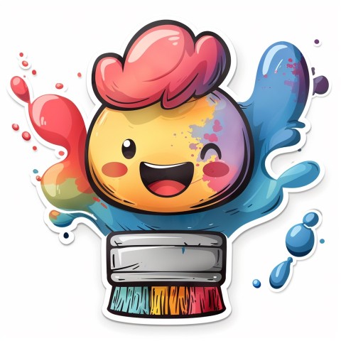 Cute Kawaii Stickers Colorful Paintbrush with Vibrant Paint Splashes on White Background (112)