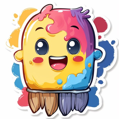 Cute Kawaii Stickers Colorful Paintbrush with Vibrant Paint Splashes on White Background (119)