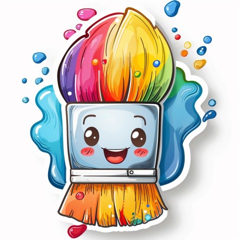 Cute Kawaii Stickers Colorful Paintbrush with Vibrant Paint Splashes on White Background (110)