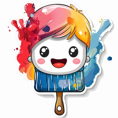 Cute Kawaii Stickers Colorful Paintbrush with Vibrant Paint Splashes on White Background (137)