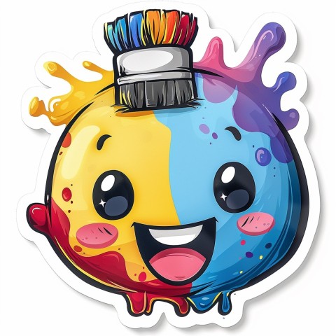 Cute Kawaii Stickers Colorful Paintbrush with Vibrant Paint Splashes on White Background (133)