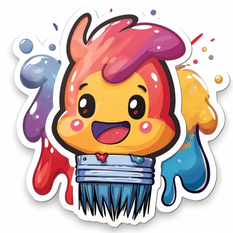 Cute Kawaii Stickers Colorful Paintbrush with Vibrant Paint Splashes on White Background (121)