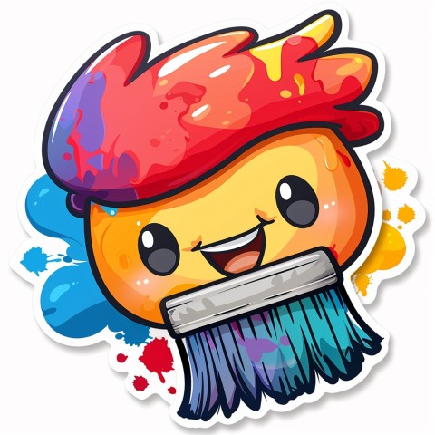 Cute Kawaii Stickers Colorful Paintbrush with Vibrant Paint Splashes on White Background (122)