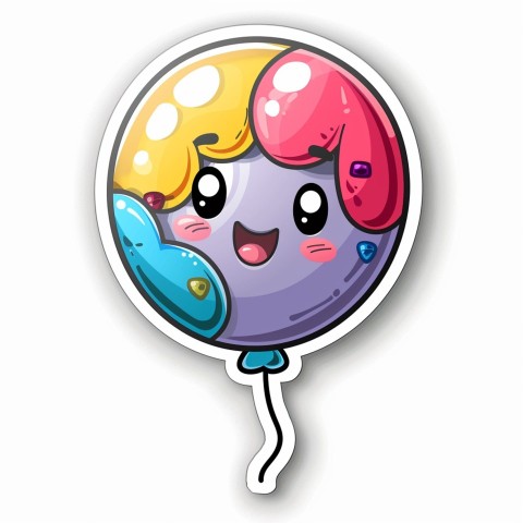 Cute Kawaii Stickers Festive Balloon with Gleeful Face on White Background (27)