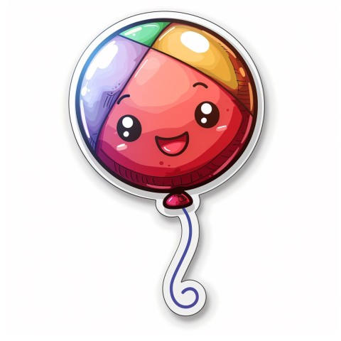 Cute Kawaii Stickers Festive Balloon with Gleeful Face on White Background (34)