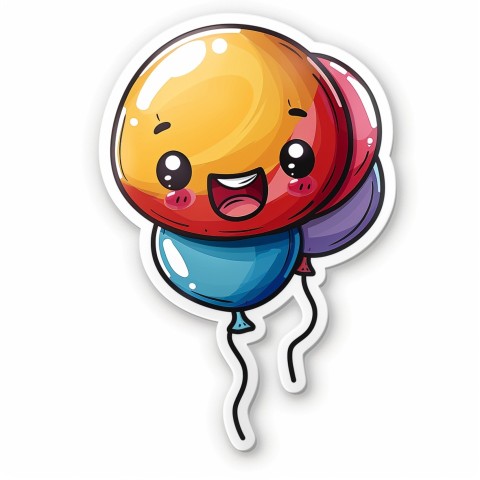 Cute Kawaii Stickers Festive Balloon with Gleeful Face on White Background (39)