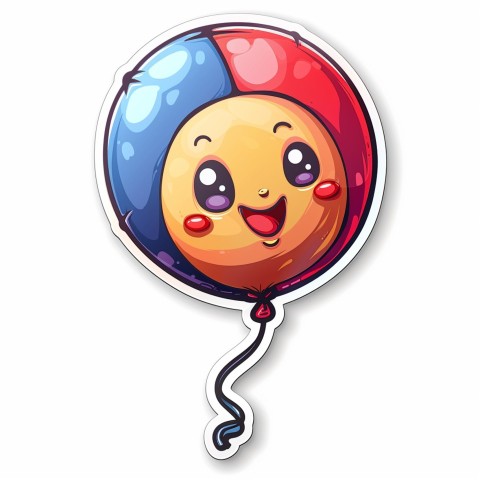 Cute Kawaii Stickers Festive Balloon with Gleeful Face on White Background (55)