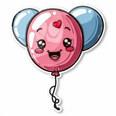 Cute Kawaii Stickers Festive Balloon with Gleeful Face on White Background (76)