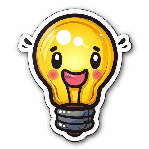 Cute Kawaii Stickers Glowing Light Bulb with Radiant Smile on White Background (9)