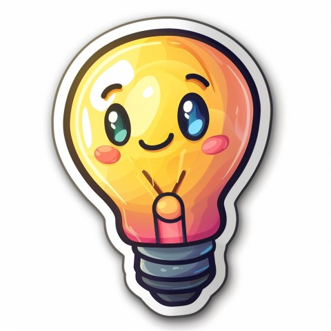 Cute Kawaii Stickers Glowing Light Bulb with Radiant Smile on White Background (14)