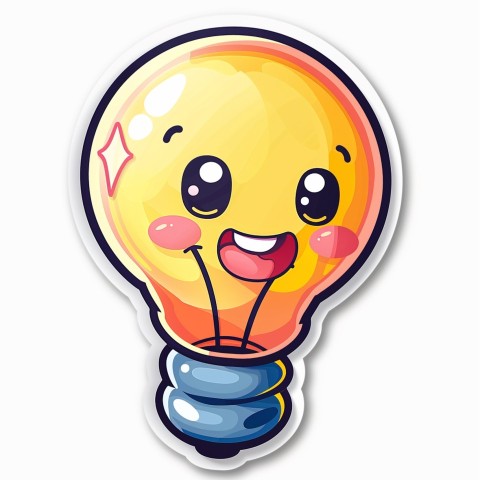 Cute Kawaii Stickers Glowing Light Bulb with Radiant Smile on White Background (3)