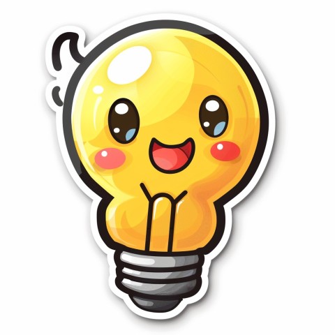 Cute Kawaii Stickers Glowing Light Bulb with Radiant Smile on White Background (10)