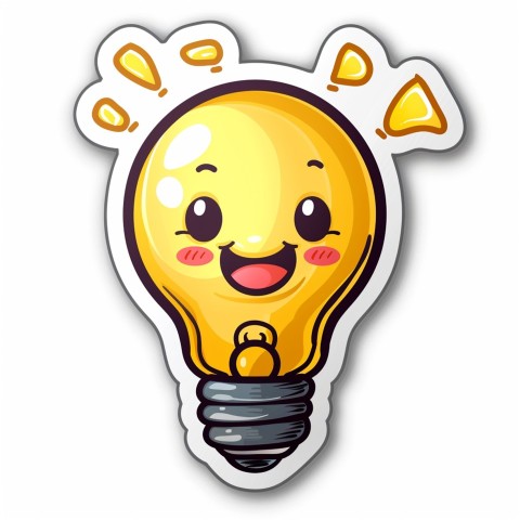 Cute Kawaii Stickers Glowing Light Bulb with Radiant Smile on White Background (12)