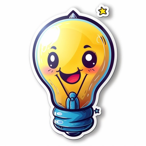 Cute Kawaii Stickers Glowing Light Bulb with Radiant Smile on White Background (17)