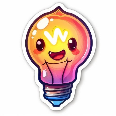 Cute Kawaii Stickers Glowing Light Bulb with Radiant Smile on White Background (16)