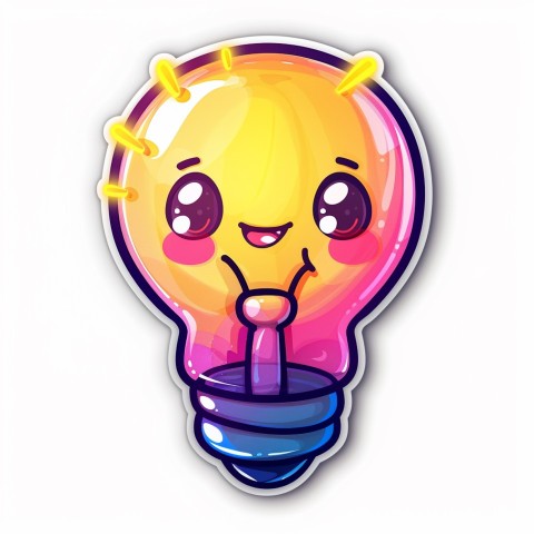 Cute Kawaii Stickers Glowing Light Bulb with Radiant Smile on White Background (5)