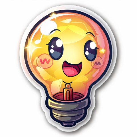 Cute Kawaii Stickers Glowing Light Bulb with Radiant Smile on White Background (15)