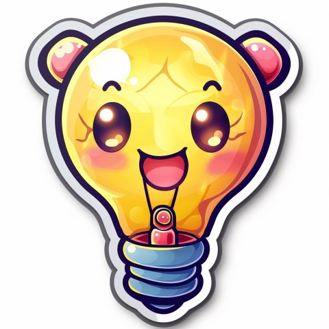 Cute Kawaii Stickers Glowing Light Bulb with Radiant Smile on White Background (6)