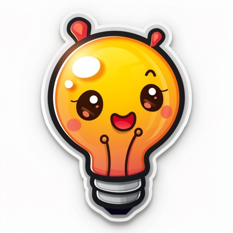 Cute Kawaii Stickers Glowing Light Bulb with Radiant Smile on White Background (24)