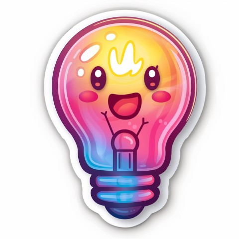 Cute Kawaii Stickers Glowing Light Bulb with Radiant Smile on White Background (39)