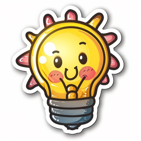 Cute Kawaii Stickers Glowing Light Bulb with Radiant Smile on White Background (21)