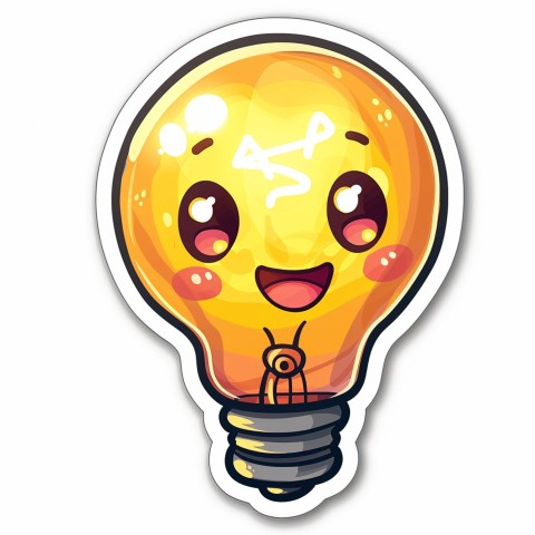 Cute Kawaii Stickers Glowing Light Bulb with Radiant Smile on White Background (33)