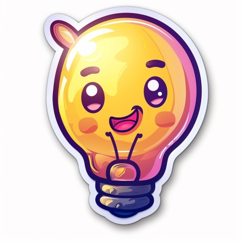 Cute Kawaii Stickers Glowing Light Bulb with Radiant Smile on White Background (34)