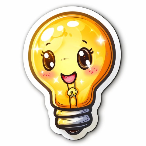 Cute Kawaii Stickers Glowing Light Bulb with Radiant Smile on White Background (27)