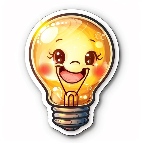 Cute Kawaii Stickers Glowing Light Bulb with Radiant Smile on White Background (37)