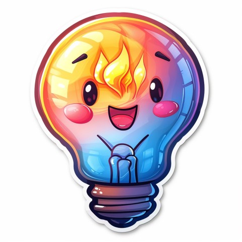 Cute Kawaii Stickers Glowing Light Bulb with Radiant Smile on White Background (26)