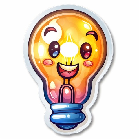 Cute Kawaii Stickers Glowing Light Bulb with Radiant Smile on White Background (40)