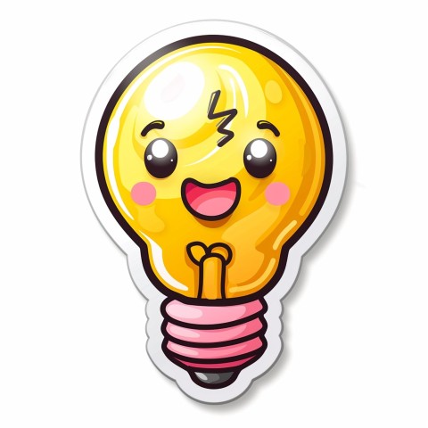 Cute Kawaii Stickers Glowing Light Bulb with Radiant Smile on White Background (60)