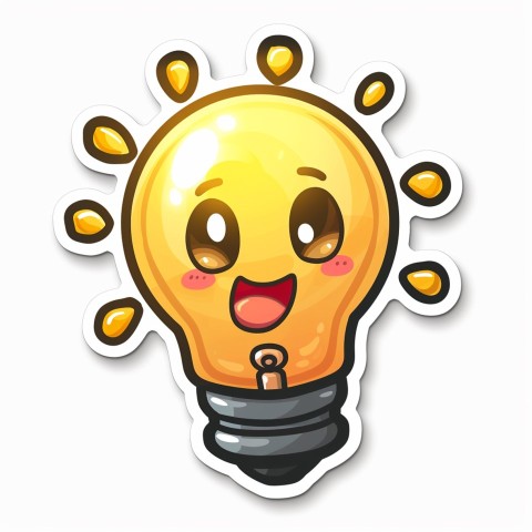 Cute Kawaii Stickers Glowing Light Bulb with Radiant Smile on White Background (41)