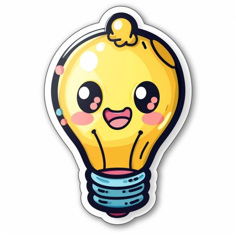 Cute Kawaii Stickers Glowing Light Bulb with Radiant Smile on White Background (59)