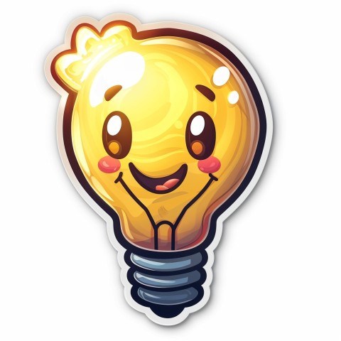 Cute Kawaii Stickers Glowing Light Bulb with Radiant Smile on White Background (44)