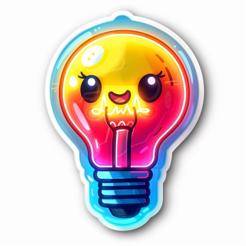 Cute Kawaii Stickers Glowing Light Bulb with Radiant Smile on White Background (55)