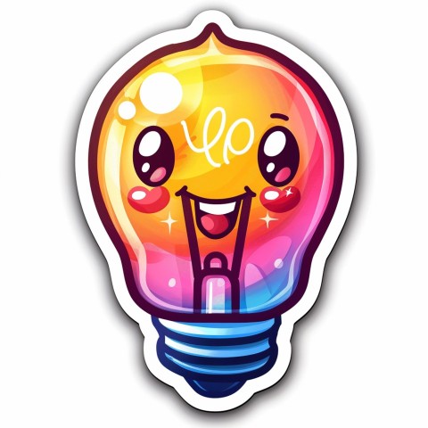 Cute Kawaii Stickers Glowing Light Bulb with Radiant Smile on White Background (53)